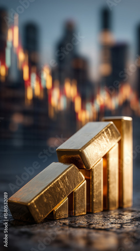 Wallpaper Mural Financial domino effect, stack of golden bars tipping over into digital stock graphs. Torontodigital.ca