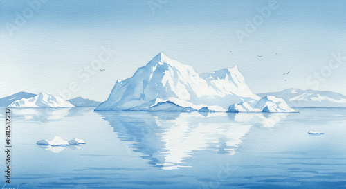 Wallpaper Mural Watercolor iceberg floating in icy ocean with reflections and cold atmospheric tones Torontodigital.ca