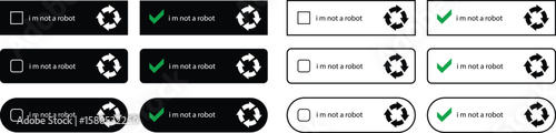 I'm not a robot CAPTCHA icons set in flat, outline, solid, and colorful vector styles. Verification button group, security check collection, human validation, web form, and login symbols