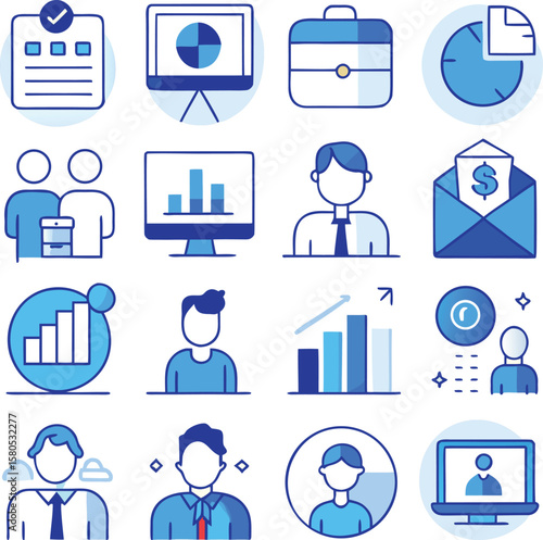Collection of modern blue and white business and finance icons representing data analysis teamwork and financial success