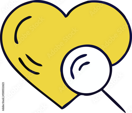 A stylized yellow heart with a dark blue outline is examined closely by a magnifying glass with a dark blue handle and rim