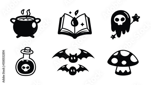 Collection of halloween themed icons featuring a cauldron, book, ghost, bats, and mushroom design