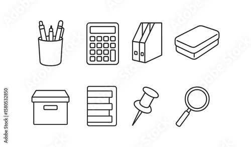 Office supplies outline icon set. stationery, work essentials in a clear, simple design