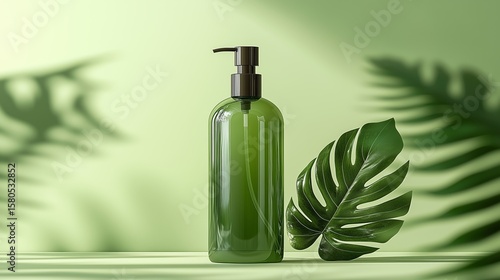 The minimalist design of the shampoo bottle with a large plant leaf. 3