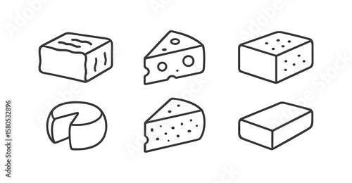 Cheese, dairy outline icon set. gouda, cheddar, brie, mozzarella line collection