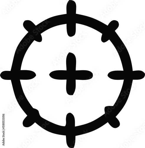A simple black crosshair symbol with a circular outline and four protruding markers representing focus and aiming
