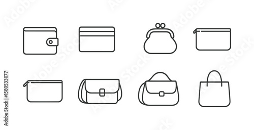Wallet and purse icon set. linear bag, finance icons outline collection
