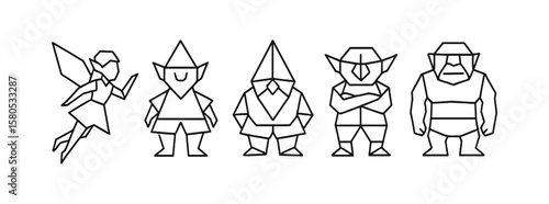 Fairy tale characters outline icon set. magical creatures in linear style
