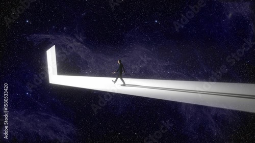 Man walking into a door of light in stars and nebula