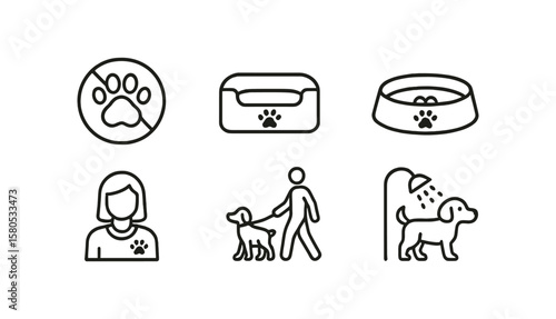 Pet care line icon set. grooming, walking, feeding essentials in linear style