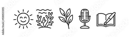 Nature and creativity line icon set. environment, art, plant, writing icons collection