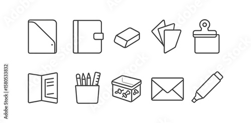 Office supplies outline icon set. stationery, organization in line art style
