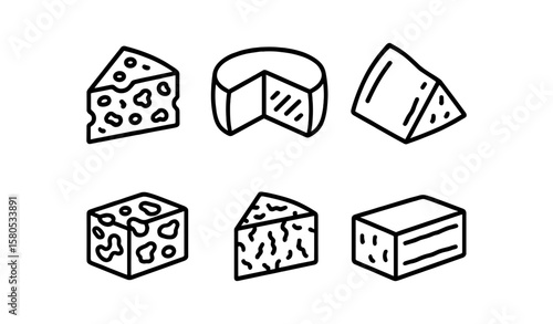 Cheese type line icon set. dairy, gourmet, food, various cheese styles outline collection