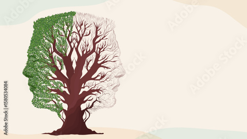 Bipolar disorder concept. Human face tree half green and dry showing mental health contrast. Banner