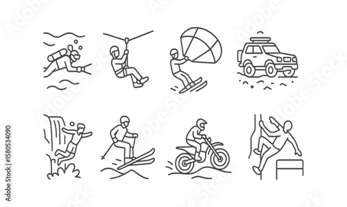 Adventure and sports line icon set. camping, hiking, paragliding minimalist collection