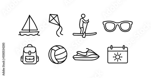 Summer activities outline icon set. beach, vacation, outdoor fun icons collection