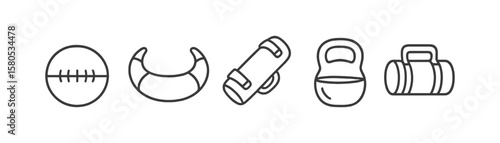 Sports and fitness linear icon set. exercise, equipment, gym symbols in line style