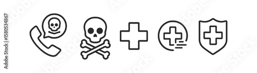 Healthcare safety outline icon set: medical symbols, shield, cross, skull collection