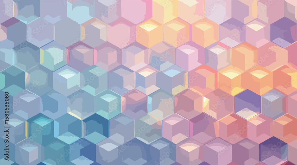 Abstract 3d geometric hexagon pattern displaying gradient pastel colors and modern design.