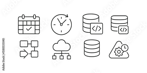 Business and technology line icon set: calendar, database, workflow icons collection