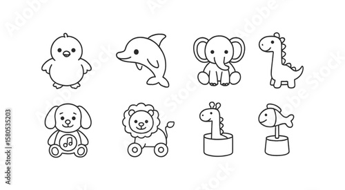 Animal and toy icon set. cute, outline style for kids' themes and playful designs