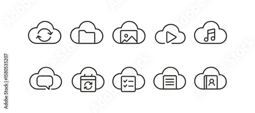 Cloud computing outline icon set. digital, storage, data linear icons collection