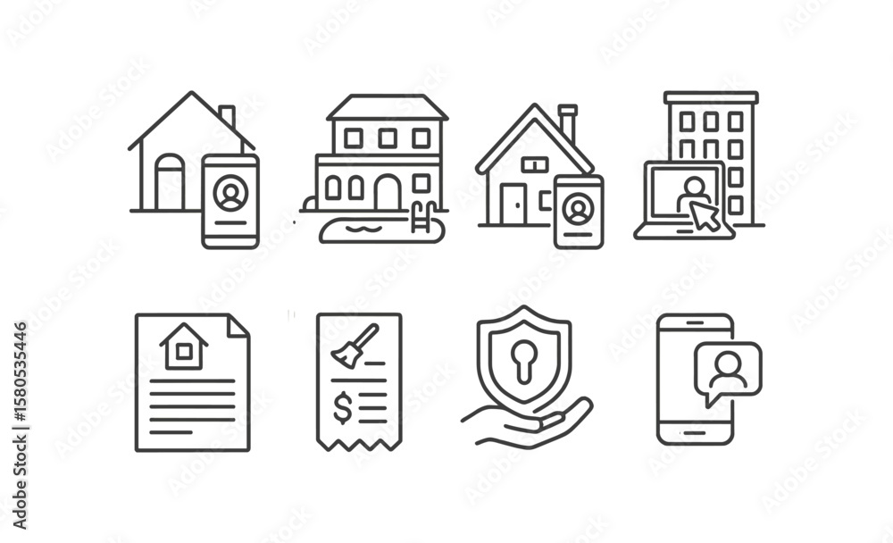 Fototapeta premium Real estate, property line icon set. home, house, documents linear icons collection