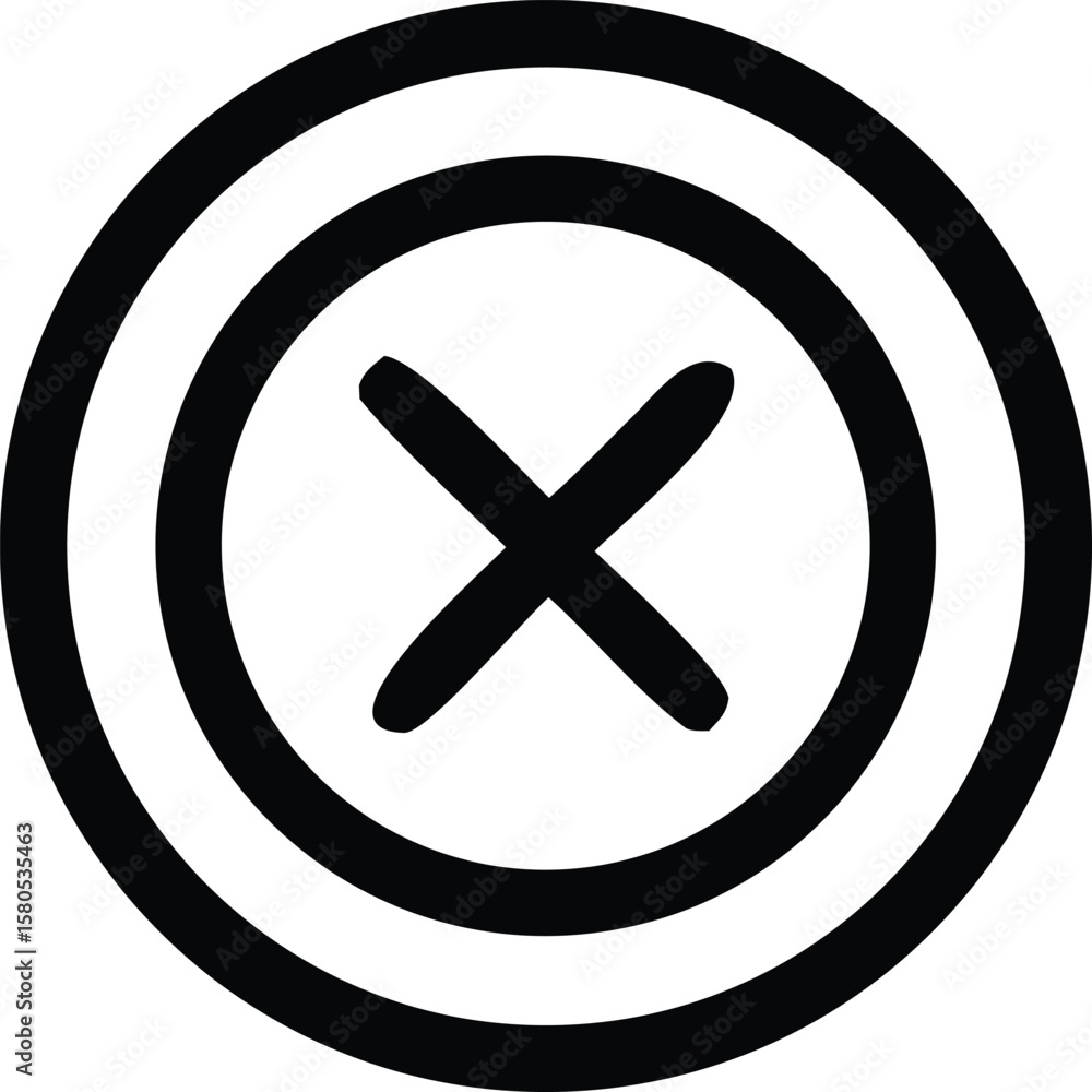 Obraz premium A black cross symbol is centered within concentric black circles on a white background representing a target or a prohibition sign