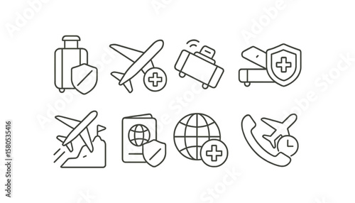 Travel and tourism safety icon set. linear travel protection icons collection