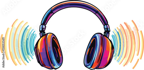 Colorful pop art headphones with sound waves illustrating music and audio.