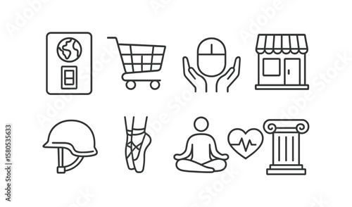 Essential daily life line icon set. shopping, wellness, culture, technology outlines