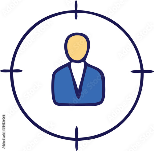 Stylized illustration of a person in a suit within a target or crosshairs symbolizing focus selection or a specific objective