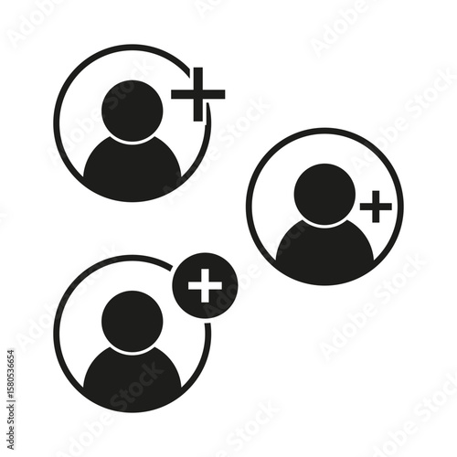 User add icons. New contact symbol. Profile plus Vector. Account creation signs