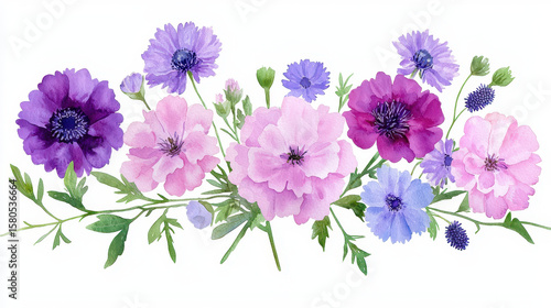 Beautiful watercolor flowers shades of purple and pink, showcasing delicate petals and lush green leaves, evoke sense of tranquility and elegance