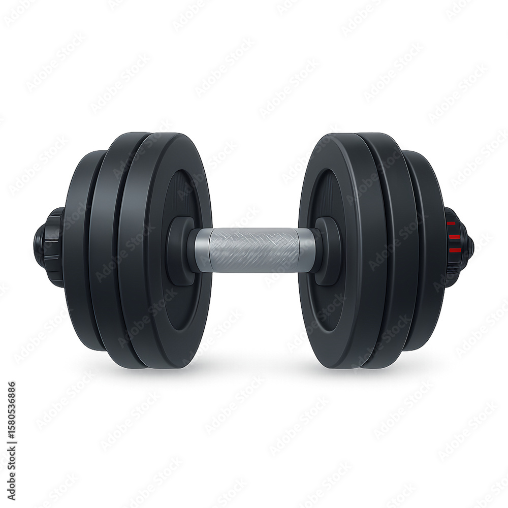 Naklejka premium 3D render of a black adjustable dumbbell in modern glossy icon style, isolated on transparent background, perfect for fitness platforms or gym apps