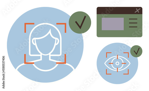 Face scan, eye verification, checkmark for successful validation, and system interface. Ideal for security, digital identity, authentication, technology, biometrics data safety simple flat metaphor