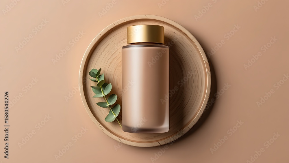 Fototapeta premium Elegant skincare bottle presentation on a wooden tray with eucalyptus leaves for product display
