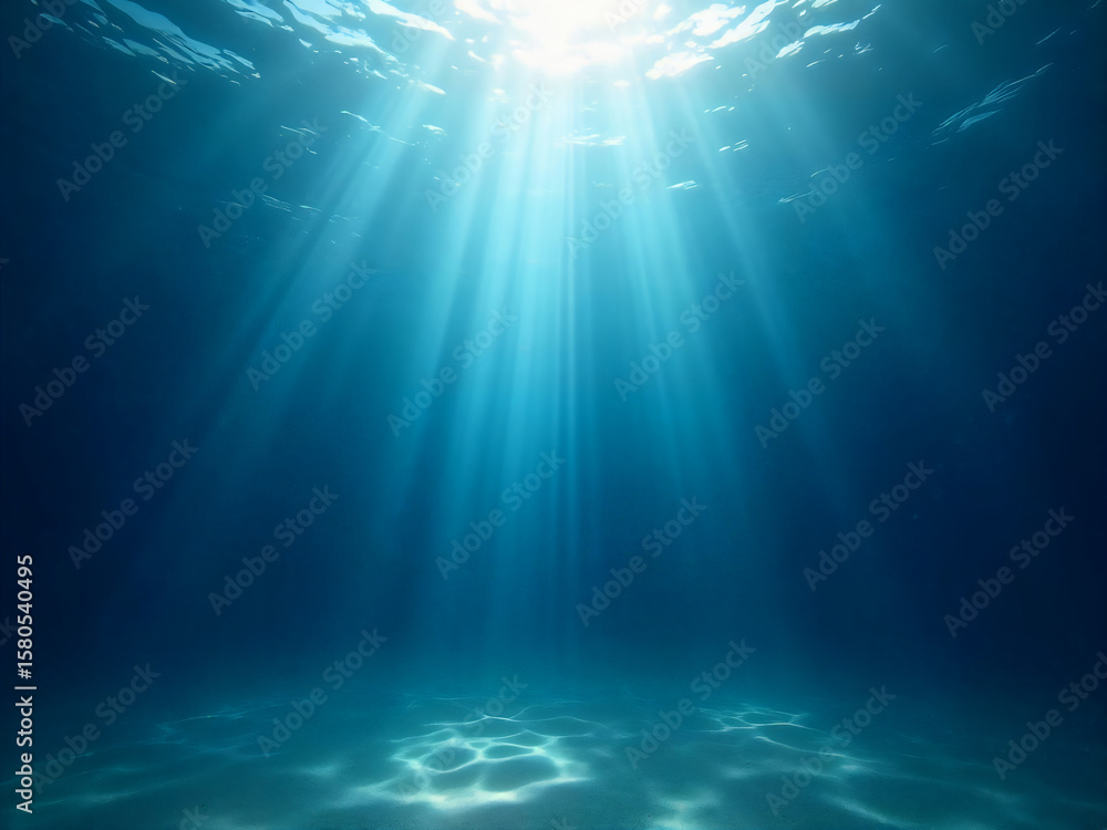 Fototapeta premium A radiant burst of sun rays piercing through the deep blue ocean, illuminating an ethereal underwater scene