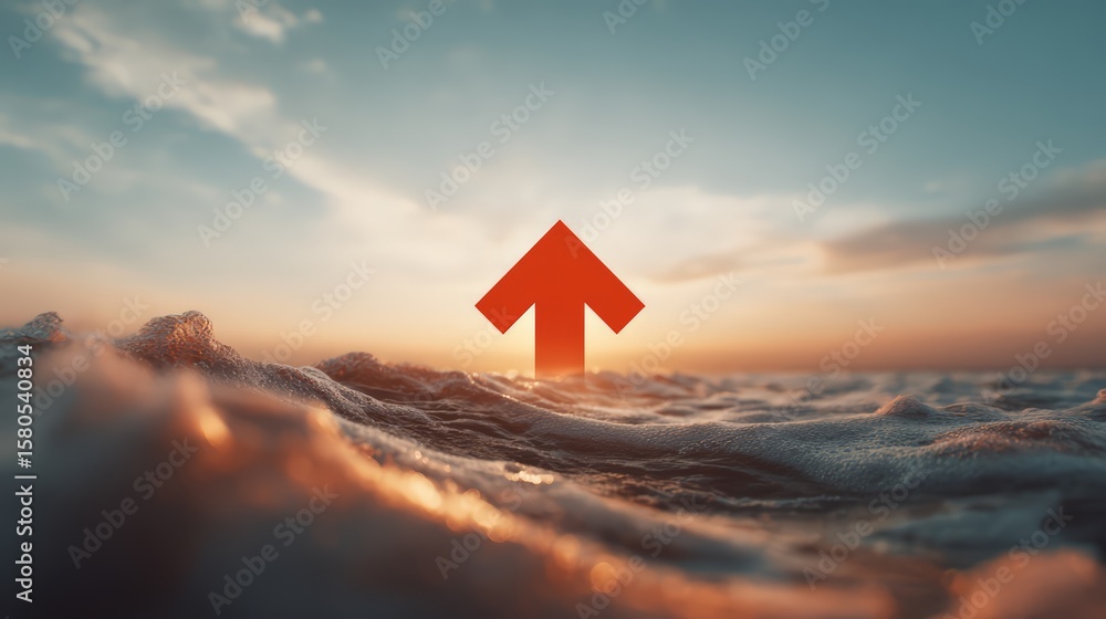 Fototapeta premium A vibrant sunset over waves with a bold upward arrow symbolizing hope and direction.
