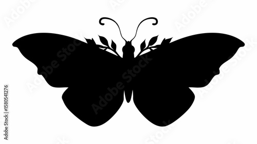 Silhouette of a butterfly with leaves adorning its head and long antennae on a white background