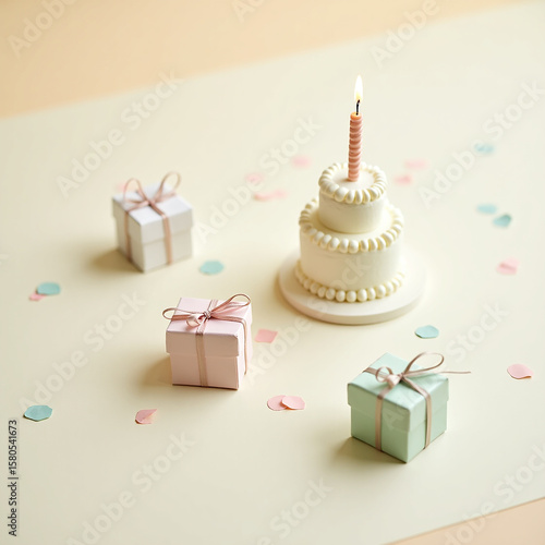 birthday cake with candles and gifts