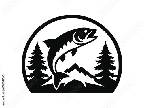 Illustration of a fish silhouette, animal vector, and brown trout logo. 