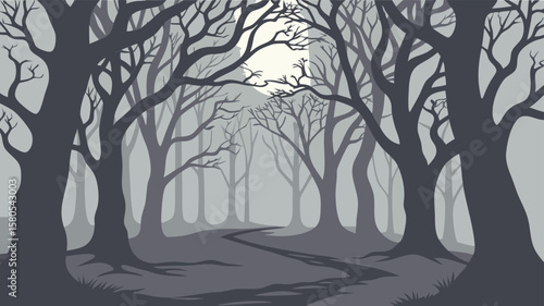 Mysterious forest path under a pale moonlit sky