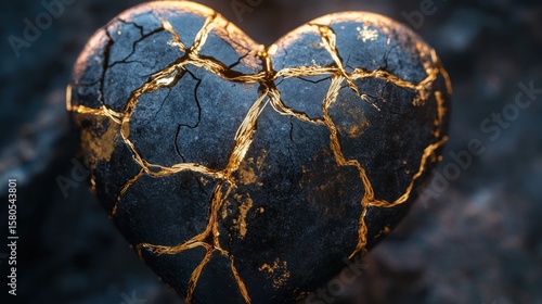 A dark, heart-shaped object, deeply fractured, with gold-toned cracks