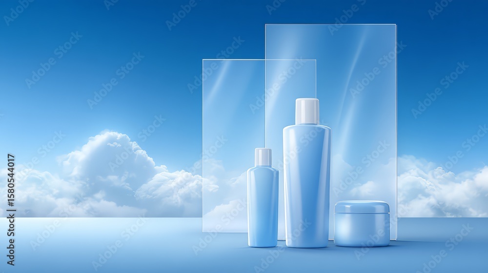 Fototapeta premium Stylish blue skincare products elegantly displayed against a serene sky backdrop.