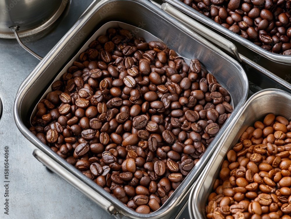 Fototapeta premium Multiple containers filled with roasted coffee beans indoors