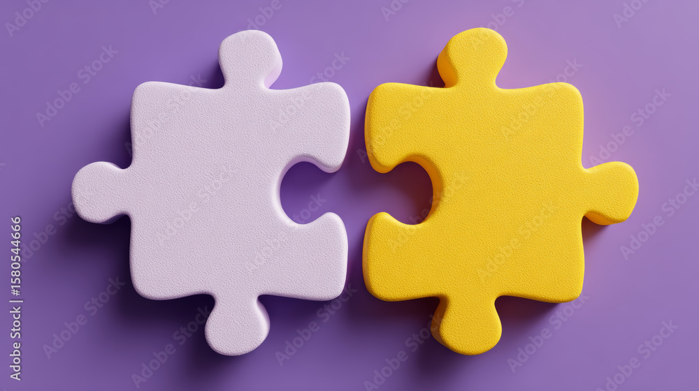 Two puzzle pieces representing teamwork and connection on a vibrant purple backdrop. Two puzzle pieces representing teamwork and connection on a vibrant purple backdrop.