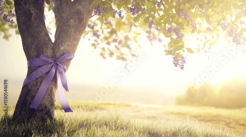 A tranquil spring landscape with a tree trunk adorned with a purple ribbon. Sunlight filters through blossoming trees, casting a warm glow over a grassy field