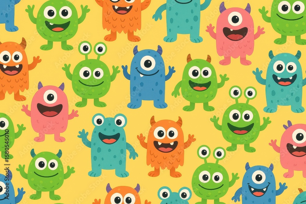 Fototapeta premium Playful Monster Pattern with Cute, Colorful Monsters in Bright Orange, Green, and Blue