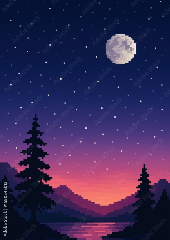 Naklejka premium Pixel art night landscape moon.